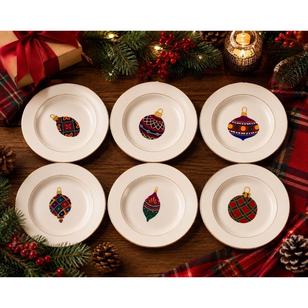 Set of 6 Gibson Ornaments 9" Christmas Salad Dessert Plates Gold Trim
